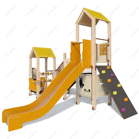 Oranž laste mänguväljaku kompleks koos liumäe, ronimisseina ja paljude teiste atraktsioonidega