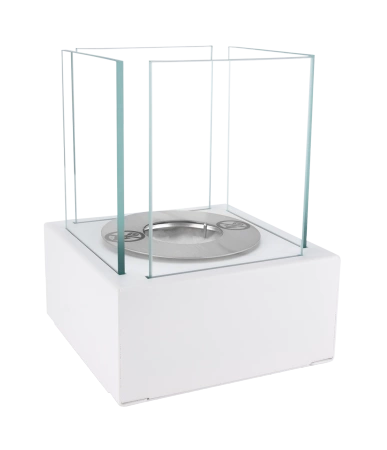 Älykäs vapaasti seisova bioetanolitakka valkoisella kuvioidulla mattapintaisella pinnalla - tyylikäs, ekologinen bioetanolitakka olohuoneeseen ja parvekkeelle.