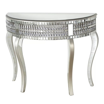 Half-round glamour glass console table 120×40×80 cm – mirrored, silver, crystal details