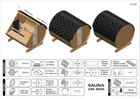 Sauna exterior EDA 235 – sauna espaciosa para 5–7 personas con estufa eléctrica o de leña, para relajación y máximo confort