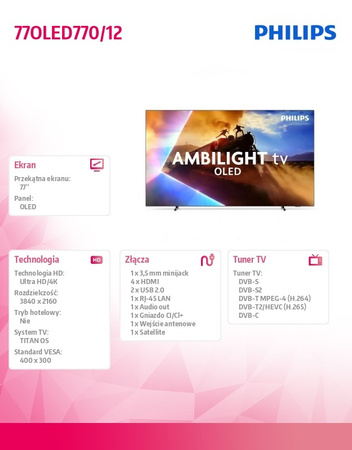Philips OLED 77-инчов телевизор 77OLED770/12 - Ultra HD 4K, Dolby Vision, Ambilight, Smart TV, HDR10+, Dolby Atmos - телевизор за всекидневната с усъвършенствана аудио- и видеосистема