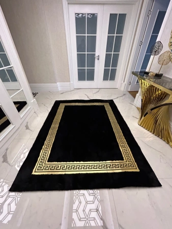 Luksusa melns premium paklājs - mīksts, ar rokām darināts paklājs viesistabai un guļamistabai VERSACE stilā