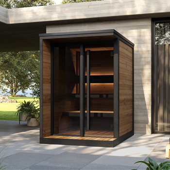 Záhradná sauna HIKI S Thermowood pre 3–4 osoby – moderná vonkajšia sauna v škandinávskom štýle na terasu alebo do záhrady, elektrická alebo na drevo