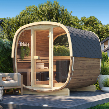 Venkovní sauna Uku 230 pro 4-6 osob / Elektrická kamna nebo kamna na dřevo Harvia / Vysoce kvalitní severské smrkové (borové termální dřevo) | Wellness | Relaxace | SPA | Wellness | Relaxace | SPA | Severský styl | Termální dřevo