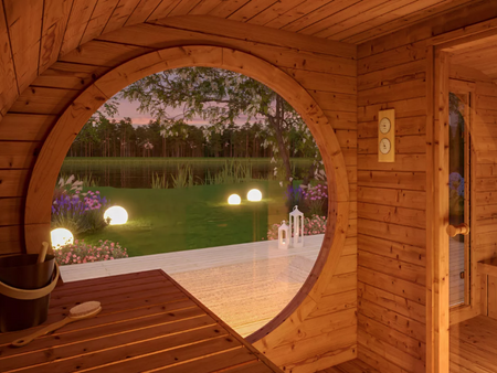 Venkovní oválná sauna Raiki pro 4 osoby / Harvia Harvia elektrická nebo Harvia na dřevo / Vysoce kvalitní tepelně upravený skandinávský smrk | Wellness | Relax | Spa | Thermo wood | Skandinávský styl
