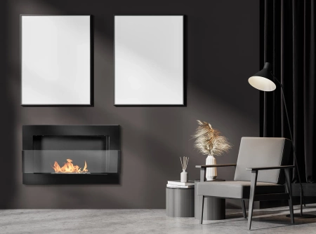 Vegghengt bioetanolpeis med glass 650x400 – blank svart, moderne bioetanolpeis
