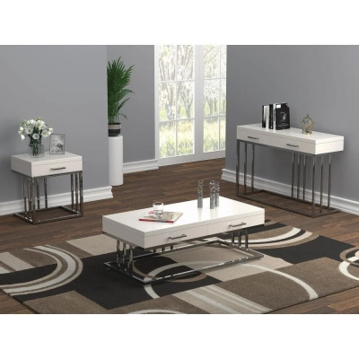 Mesa de cabeceira MILO WHITE – aço inoxidável, tampo em MDF lacado branco (60×50×50 cm)