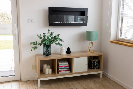 Závěsný biokrb 900x400 se sklem - strukturální černý, moderní bezkouřový krb