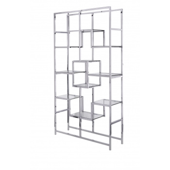 Estantería de Acero Inoxidable con 10 Estantes de Vidrio – Elegancia Geométrica Plateada