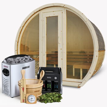 Sauna zewnętrzna SUSI dla 2-3 osób w zestawie z piecem do sauny Harvia Vega + gratisy | kosmetyki + akcesoria do sauny | sauna fińska | thermwood | Drewno Termiczne
