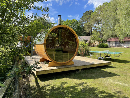 Sauna a botte da esterno 250 per 4 persone / Stufa elettrica o a legna Harvia / Abete rosso scandinavo di alta qualità (Thermwood)