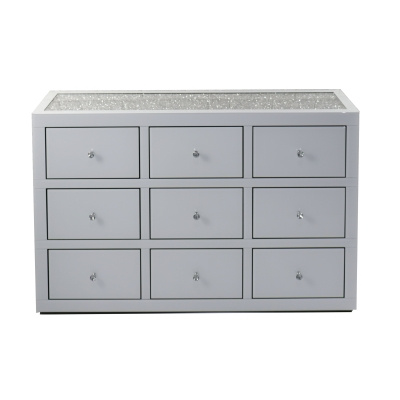  KOMODA SZKLANA KRYSZTAŁKI AMARO 9 SZUFLAD • szkło + MDF • 130 × 80 × 40 cm