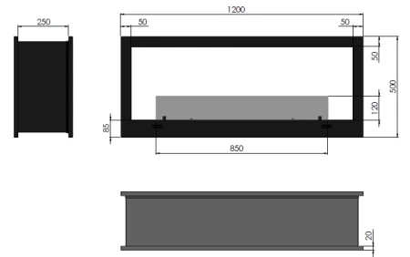 High-performance double-sided built-in bioethanol fireplace 2 SIDE 1200 – tunnel, black, Antisol glass