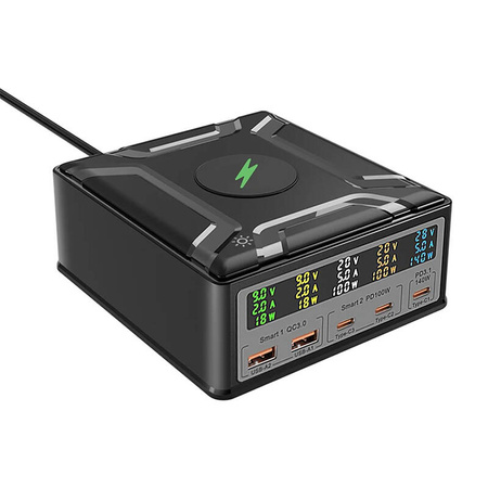 Síťová nabíječka Blitzwolf BW-S28 260W, 2xUSB-A, 3xUSB-C, 15W bezdrátová nabíječka (černá)