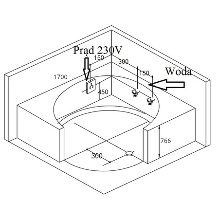DELLA 916 cadă cu hidromasaj cu incintă neagră 170×170 cm - cadă spațioasă pentru două persoane