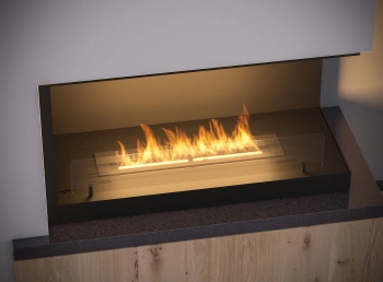 Biokominek narożny Inside P800 v2 — wersja L (lewa) / P (prawa), do zabudowy we wnęce (palnik 500 mm, 1 l), szkło lekko przyciemniane, czarny