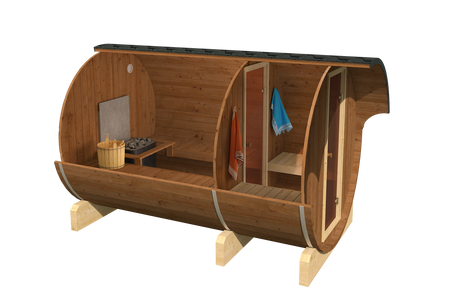 Sauna udendørs EDA 330 – rummelig premiumsauna til 6–10 personer med elektrisk eller brændefyret ovn, for harmoni og nærhed til naturen