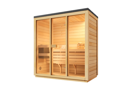 Sada Zahradní Sauna BALI M pro 3 osoby | moderní | finská | prosklená | s kamny Harvia Vega 4,5 kW | balíček příslušenství zdarma