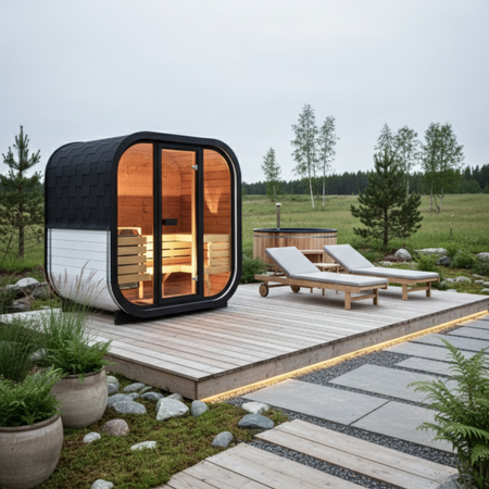 Utendørs sauna AMORA for 3-4 personer med Harvia Vega ovn + gaver | kosmetikk + badstue tilbehør | finsk badstue | Thermowood | termisk modifisert tre