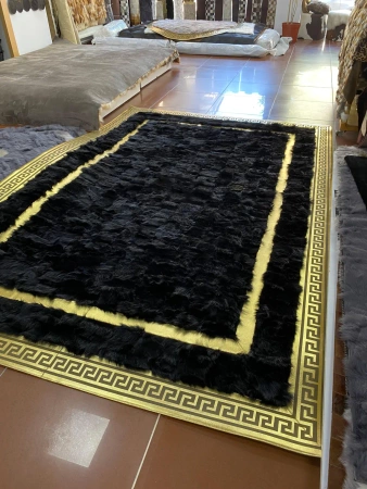VERSACE style rug - luxury handmade sheepskin rug, black with gold