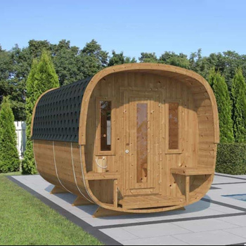 Icon 400 buitensauna voor 8 personen / elektrische of houtgestookte Harvia-kachel / Scandinavisch sparrenhout van hoge kwaliteit (Thermowood)