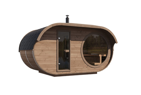Sauna oval externa Raiki para 4 pessoas / Fogão elétrico ou a lenha Harvia / Abeto escandinavo tratado termicamente de alta qualidade