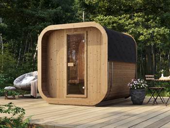 Sauna Extérieur Icon 200 S 4 personnes / Poêle Électrique Harvia ou à Bois Harvia / Épicéa Scandinave de Haute Qualité (Thermowood) | Wellness | Relax | SPA | Minimalisme Élégant | Pour la Famille et les Amis