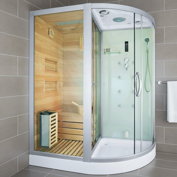 MO-1751W LEFT TRIO, saună uscată, saună cu aburi și cabină de duș 180X110X223CM | Lemn natural | Relaxare de lux