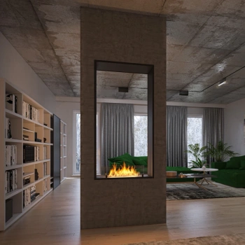 Kahepoolne biokamin 2SIDE 1600 SLIM VERTICAL - eksklusiivne kamin ilma korstnata kaasaegsetesse interjööridesse.