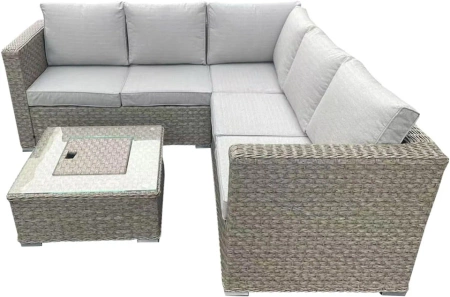 Conjunto de jardín en forma de L de ratán marrón con mesa con cubo de hielo