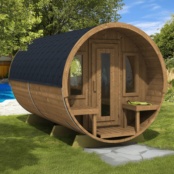 Sauna de barril 400 De Lujo (vidrio en forma de media luna) para exterior 4 personas / Estufa eléctrica o de leña Harvia 400 / Abeto escandinavo de alta calidad (Thermowood) | Wellness | Relax | SPA | Vidrio Panorámico | Estilo Escandinavo