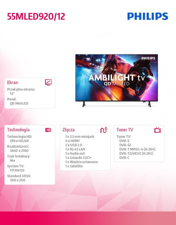 Philips QD MiniLED 55-инчов телевизор 55MLED920/12 - Ultra HD 4K, Ambilight, Dolby Atmos, Smart TV, HDR10+ - идеален за домашно кино, игри и ежедневна употреба