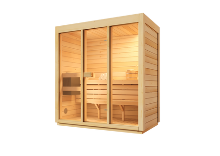 Set Binnenhuis sauna Bali M voor 3 personen | modern | Fins | met glaswanden | met Harvia Vega 4,5 kW kachel | accessoirepakket gratis