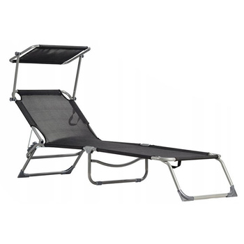 Folding Garden Lounge Chair for Balcony | Lounger with adjustable canopy Black/Grey | Comfortable garden chair, modern style, for patio and balcony