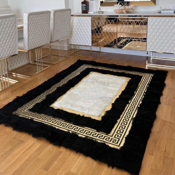 Covor de lux din piele de oaie Versace Style - Covor natural, manual, moale, premium, alb și negru pentru camera de zi și dormitor