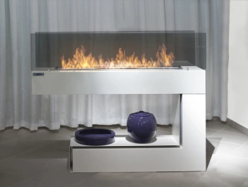 Dwustronny Biokominek wolnostojący Spectrum — palnik LONGFIRE BLACK 800 (2 l), szyby zaokrąglone 4 mm, regulacja płomienia