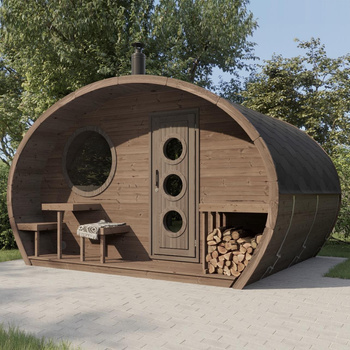 Oval Sauna Frodo 300 Udendørs til 8 personer / Elektrisk eller brændeovn Harvia Brændeovn / Højkvalitets varmebehandlet skandinavisk gran